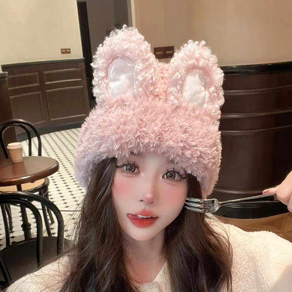 

Knit Hooded Hat Stylish Fluffy Rabbit Ears Knitted Hat Warm Winter Beanie for Women Lovely Thickened Accessories Knitted