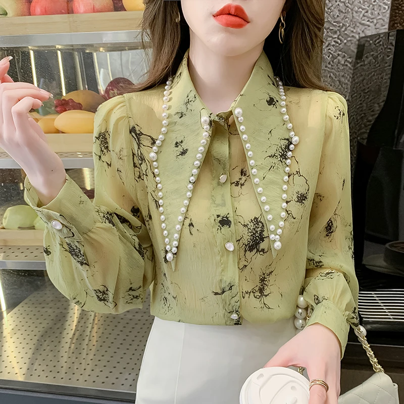

Женская атласная рубашка с отложным воротником, Повседневная Свободная блузка с цветочным принтом, Модный Топ с длинным рукавом и бусинами, лето 2023