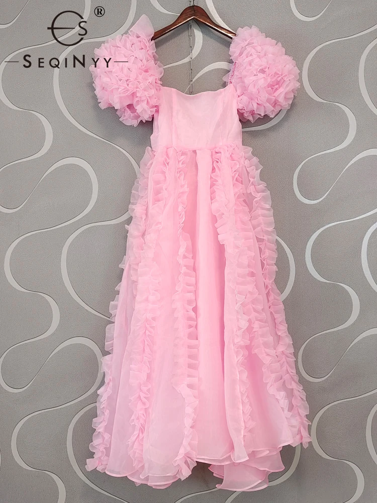 SEQINYY Elegant Long Dress Summer Spring New Fashion Design Women Runway Vintage Appliques Flower Ruffles Gown Ball Party