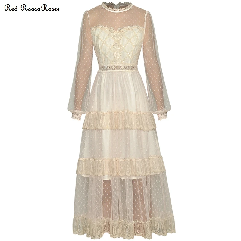 

Красное Кружевное Вечернее Платье RoosaRosee с круглым вырезом и рукавами-фонариками, Осеннее дизайнерское платье 2022, женское платье