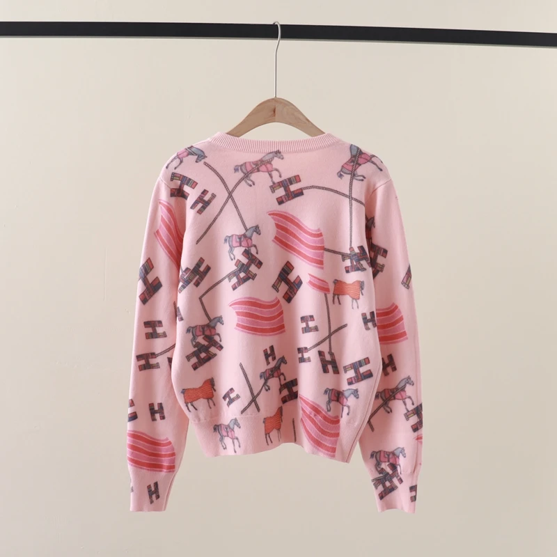 Вязаный кардиган с радужной лошадью H и буквой женский свитер принтом топы пальто
