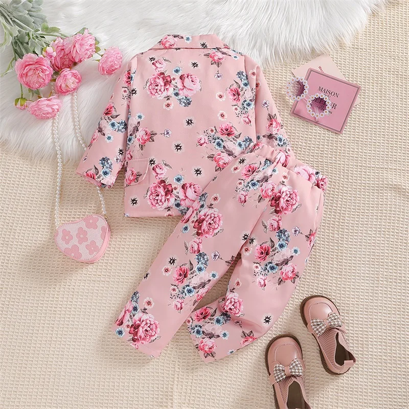 

Toddler Girl 2Pcs Fall Outfits Long Sleeve Floral Print Single Breasted Blazer Pants Set Kids Suit