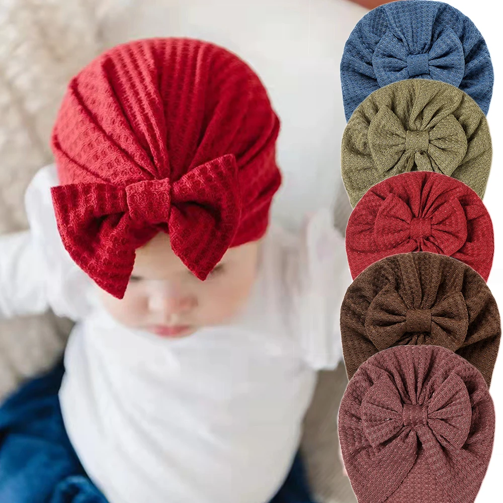

24 Colors Elastic Soft Beanie for Baby Turban Waffle Knitted Hat Cute Bow Newborn Skullies Children Knot Knit Bonnet Headwrap