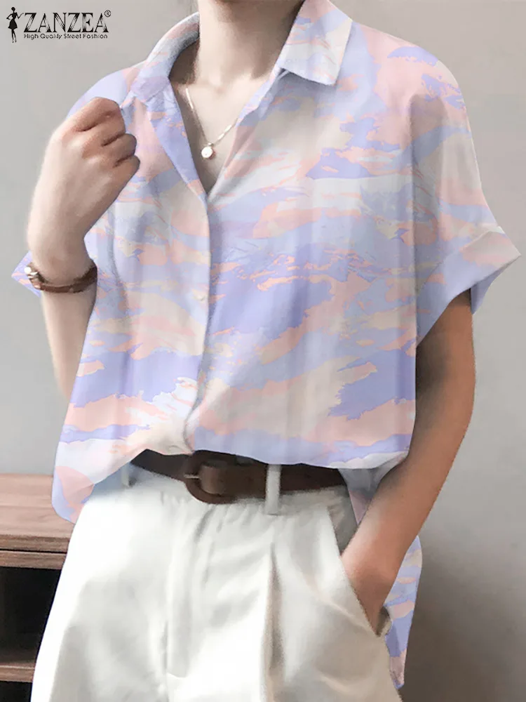 

Элегантные рабочие блузки ZANZEA, модная летняя рубашка, женская блузка с коротким рукавом, воротник с лацканами, рубашки с принтом, свободные ...
