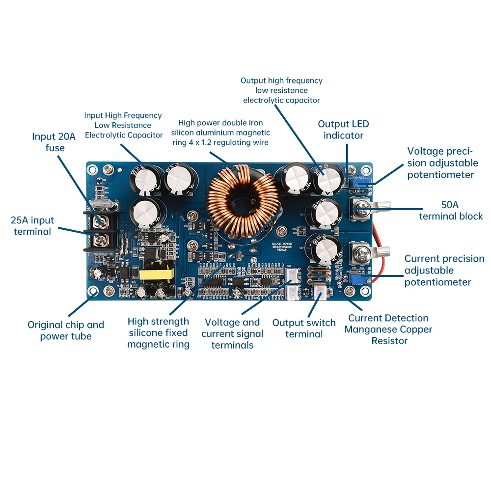 Регулируемый понижающий модуль питания DC-DC DC20V-70V до DC2.5V-58V 30A 800W