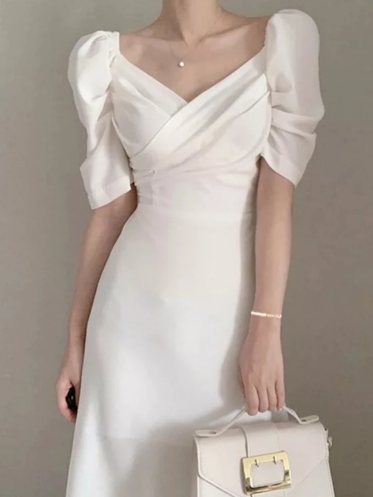 

New Women Summer French Business Slim Midi Dress Short Sleeve Elegant Bodycon Vintage Party Vestidos Femme Fashion Prom Robe