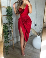 sequin stitching satin dress women spring and autumn 2021 new fashion casual red sexy one shoulder sleeveless pleated dress