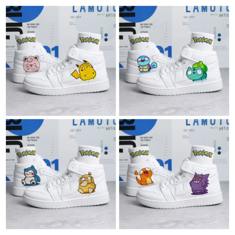 

Pokemon Pikachu High Top Sports Shoes Bulbasaur Psyduck Jigglypuff Gengar Anime Cartoon Casual Sneakers Kawaii Gift for Children