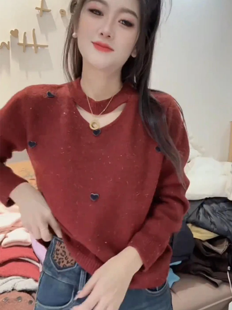 Love Print Hollow out Knit Sweater Lazy High Sense Winter 2024 New Temperament Women Top