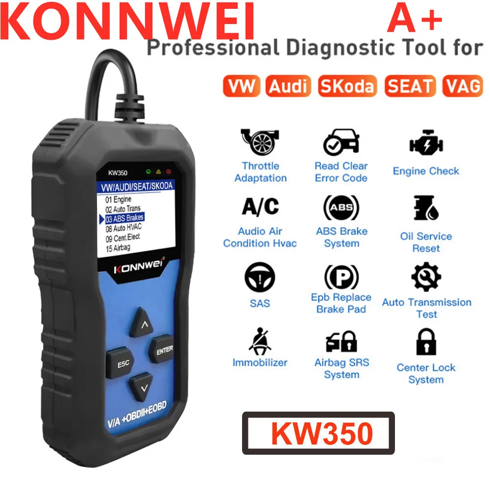Диагностический сканер KONNWEI KW350 OBD2, OBD2 сканер для автомобиля, с ABS подушкой безопасности