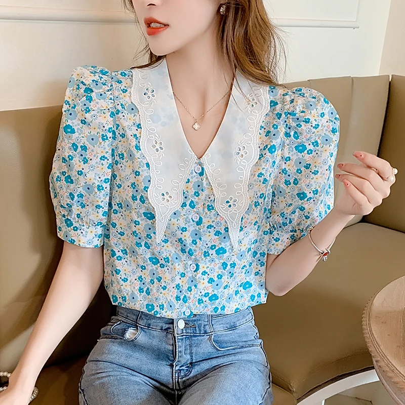 

2022 New Korean Style Floral Chiffon Lace Collared Button Down Shirt Summer Short Sleeve Casual Blouse Top Women