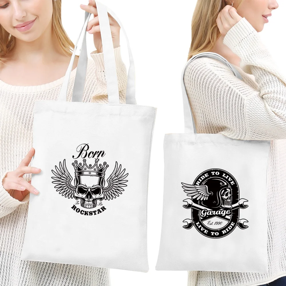 

Shopping Bags Women Canvas Shoulder Bag Reusable Ladies Skull Pattern Handbags Casual Tote Grocery Storage Bag for Girls