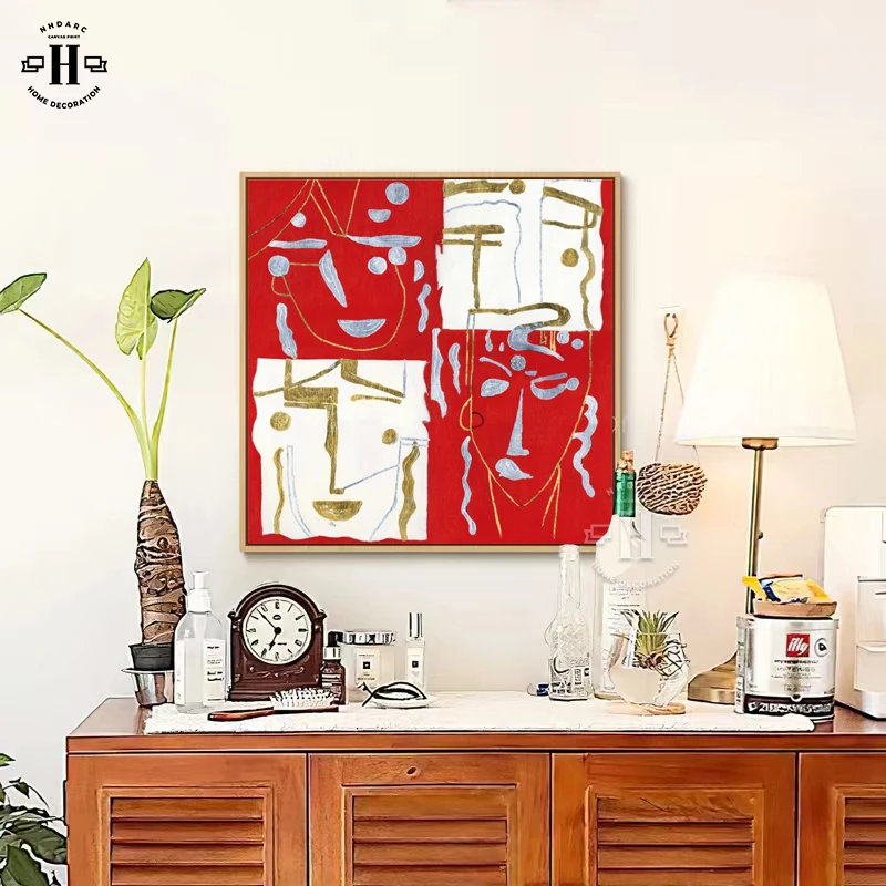

Retro Abstract Style Canvas Print Painting Poster Red Gold Foil Face Vintage Wall Pictures Art Living Room Porch Home Decoration
