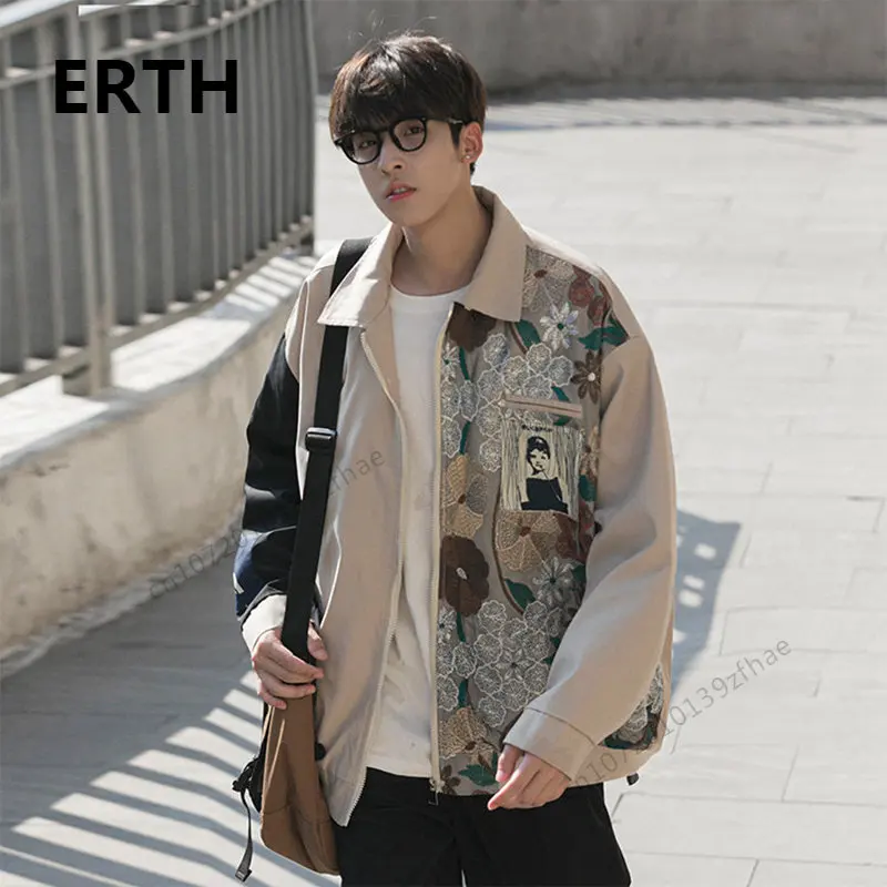 

ERTH Embroidered Splice Men Jacket 2023 Turn-down Collar Zipper Contrast Color Korean Fashion Male Coat Long Sleeve