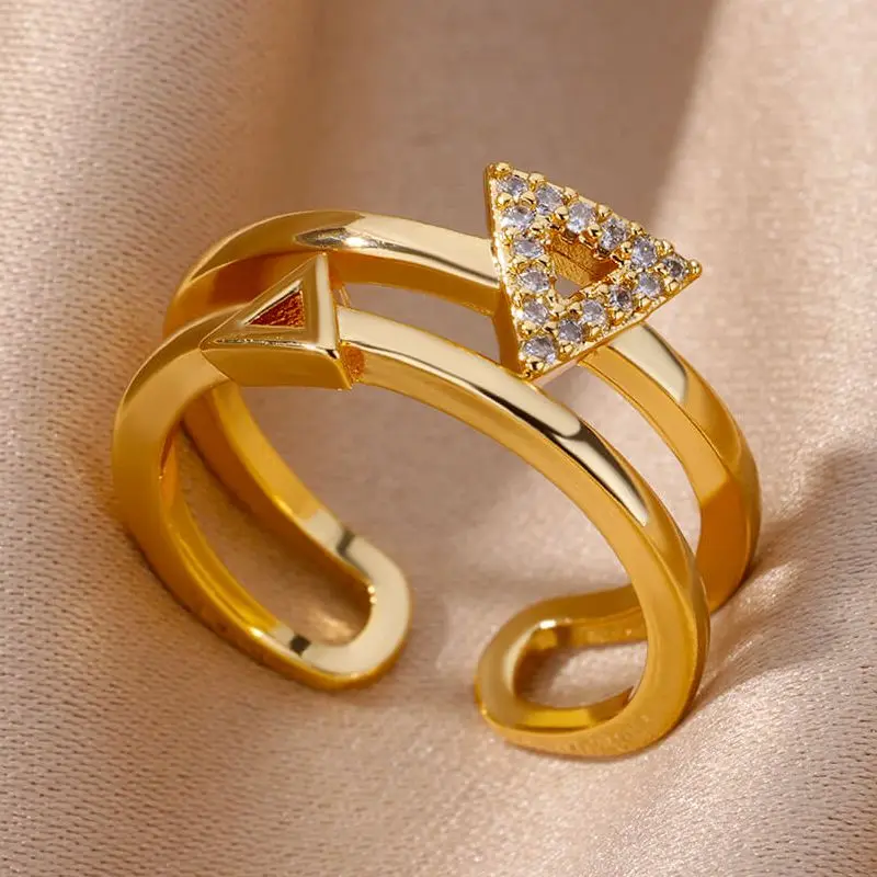 

Zircon Double Triangle Rings For Women Stainless Steel Gold Plated Triangle Geometric Ring Korean Fashion Couple Wedding Jewelry
