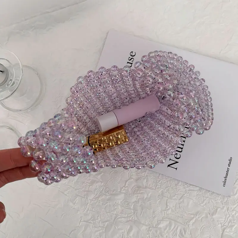 Women Vintage Cross Knot Wrist Bag Handmade Crystal Beaded Bag Small Beaded Bag Evening Party Clutch Simple Mobile Phone Key Bag