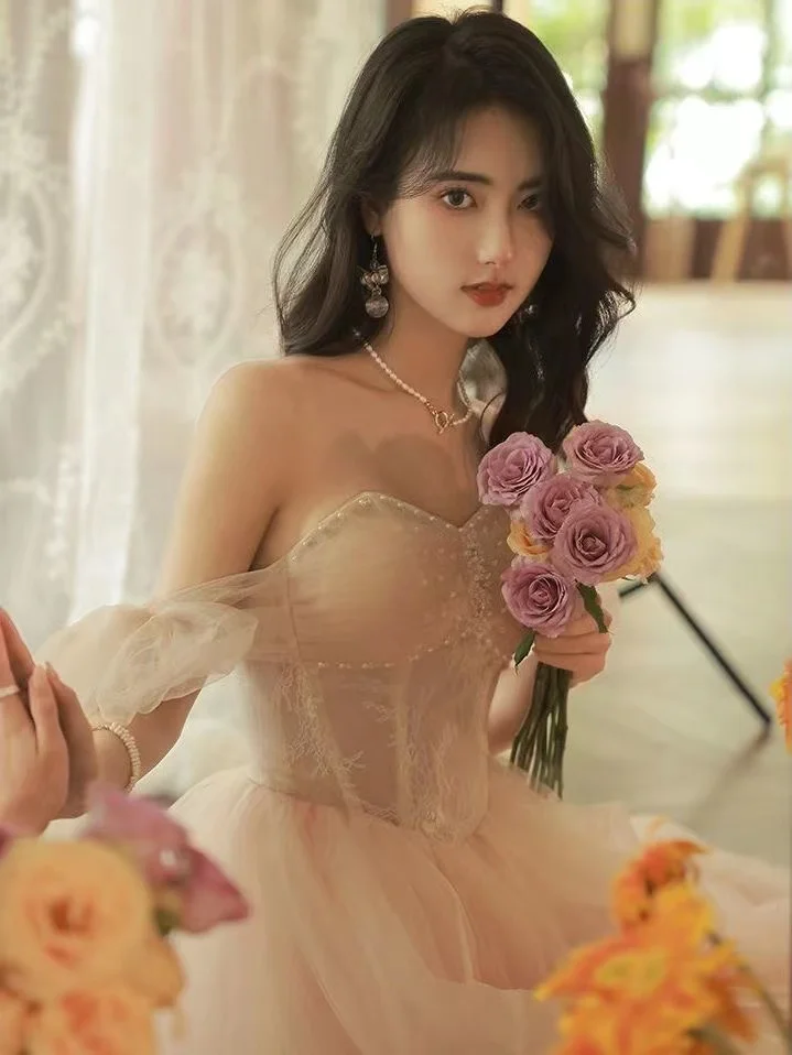 

Off The Shoulder Dust Pink Evening Dress Sweetheart Slim A-Line Sleeveless Backless Lace Up Tulle Long Wedding Guest Party Gowns