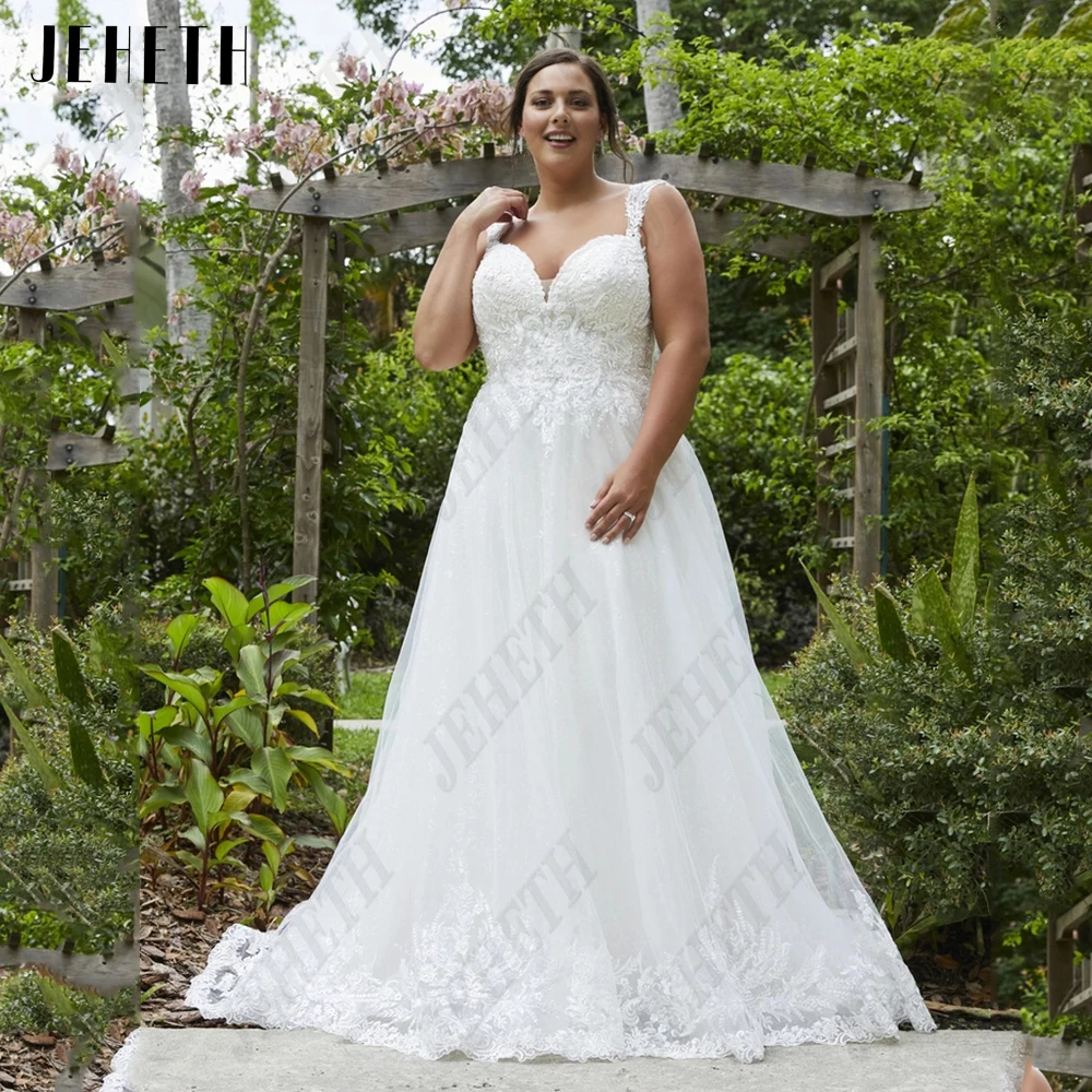 

JEHETH Boho Wedding Dresses Plus Size For Woman Cap Sleeves Sweetheart Tulle Bride Gowns Lace Applique A-Line vestidos de novia