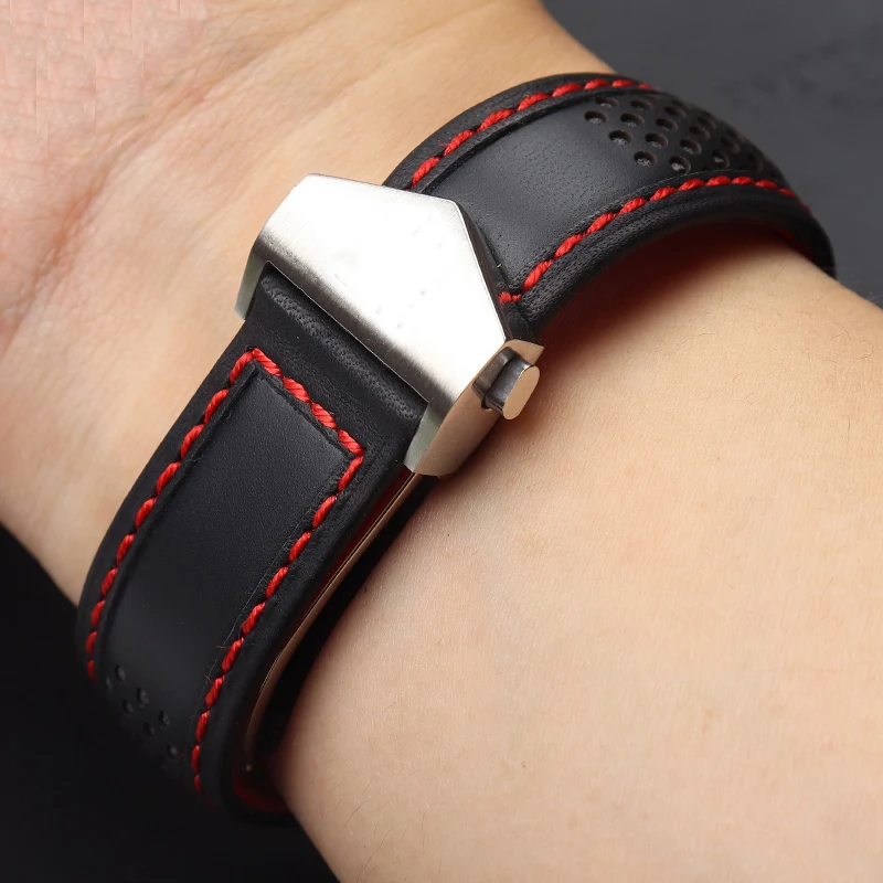 Cow Leather Watch Strap 22mm Watchband For Tag Heuer Fiyta Tissot Watch Band Red Stitches Genuine Leather Bracelet High Quality