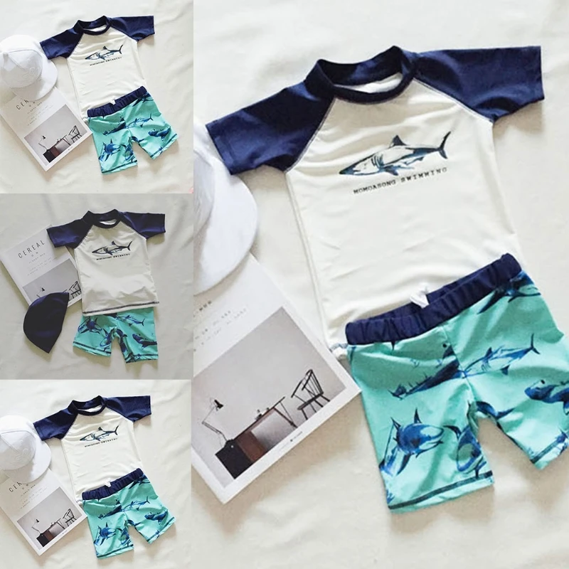

Baby Toddler Children Kids Boys 3 Pieces Swimsuit Set with Cartoon Printing Shorts+Surf Hat+Short Sleeve T-shirts Swimwear