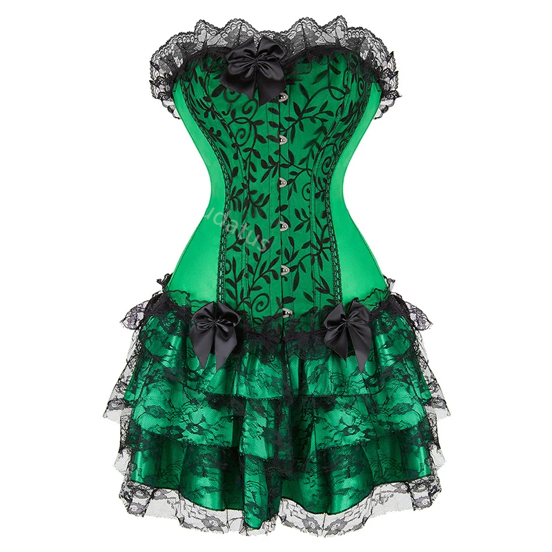 Corset Dress Plus Size Tutu Skrits Set Overbust With Lace Costume Party Sexy Burlesque Ladies Basques Outfit Gothic Green