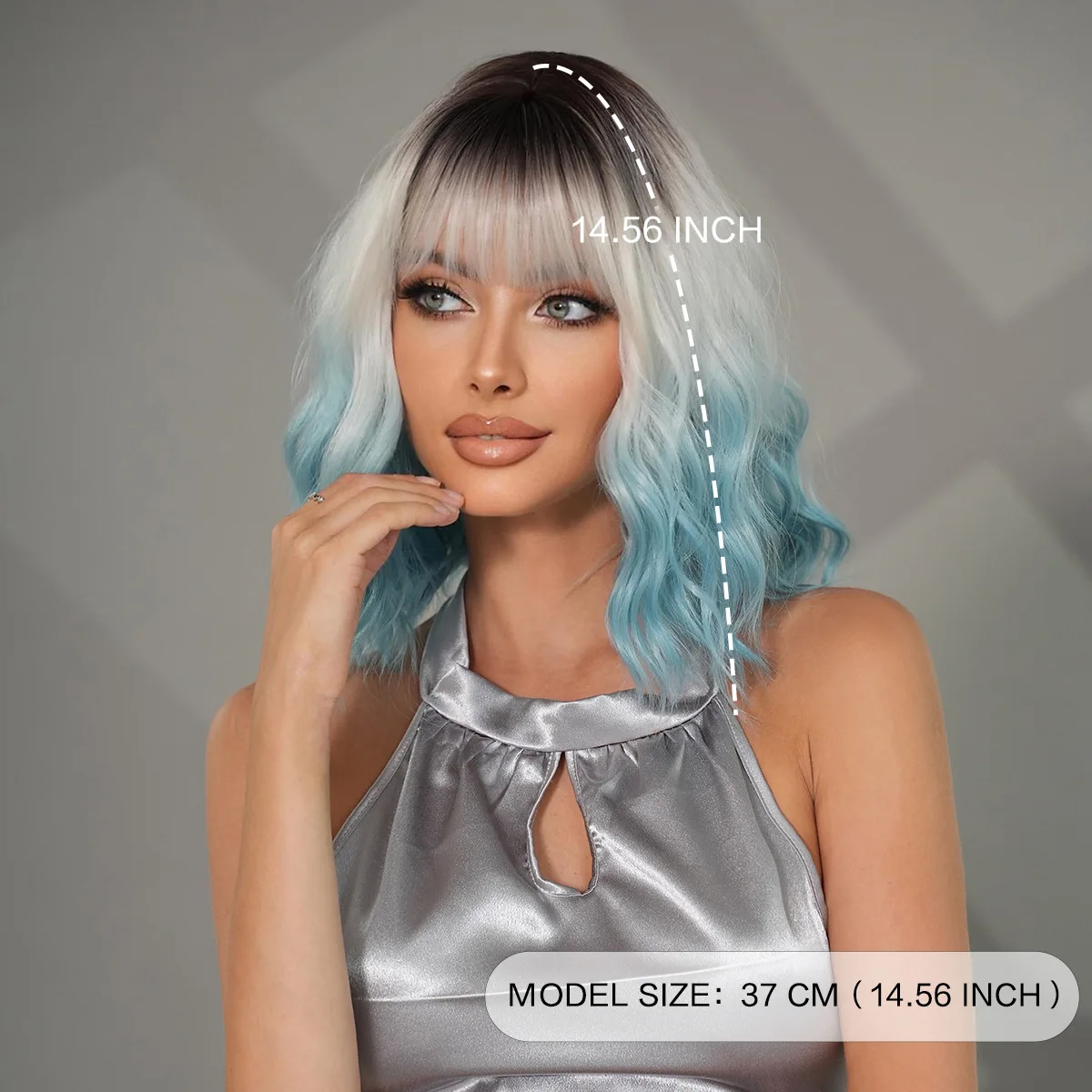 Фото Парик GUHUAN Dark Root Silver To Sky Blue Ombre, короткий волнистый боб с челкой, градиентный, с эффектом водной волны, из термостойкого синтетического волоса. №4