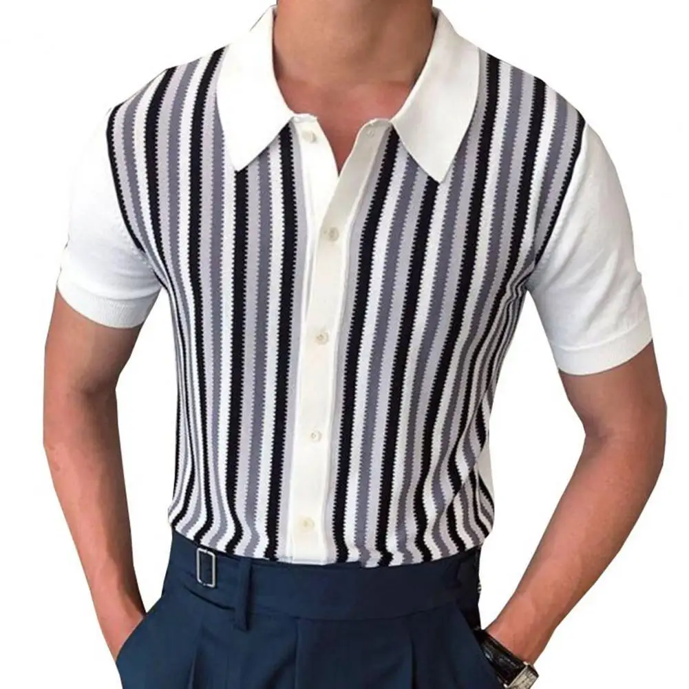 

Men Shirt Fashion Contrast Color Stripe Formal Turn-down Collar Short Sleeves Men's Knitwear Summer Polo Shirt Summer Tops
