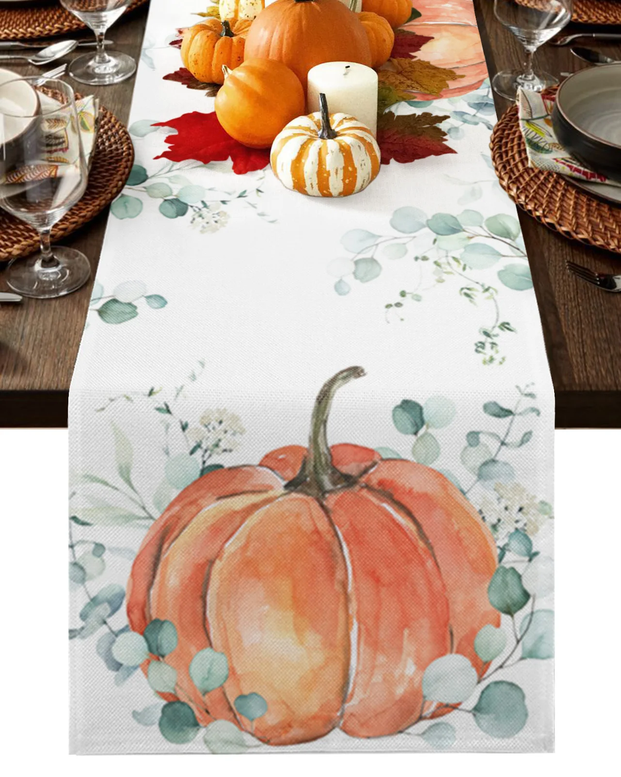

Thanksgiving Autumn Eucalyptus Pumpkin Table Runner Christmas Decoration Tablecloth Wedding Party Decor Table Cover