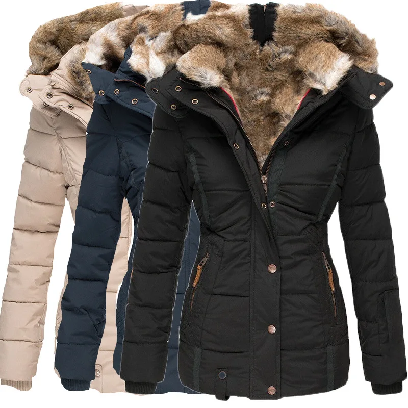 2022 New Winter Warm Woolen Collar Cotton Clothing Women's Zipper Long-sleeved Slim-fit Cotton-padded Coat Hooded Coat