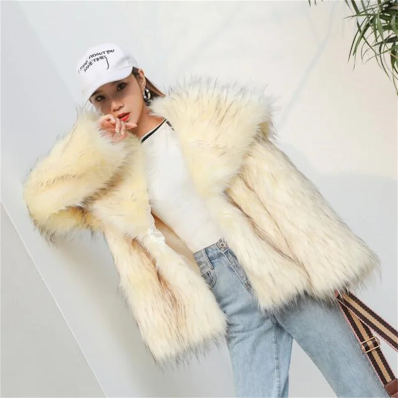 Imitation fox fur jackets womens short coats raccoon fur big collar plush plush thick woven korean pink beige шуба натуральный