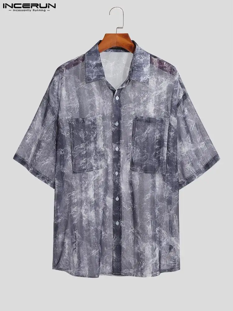 Fahsion Casual Style Tops INCERUN Men's All-match Simple Blouse Korean Style Male Pattern Marble Short Sleeve Shirts S-5XL 2022