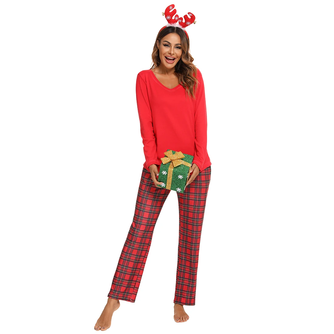 autumn and winter Leopard Warm Casual Sleepwear Cotton Long Sets Loungewear two-piece set Red Christmas suit