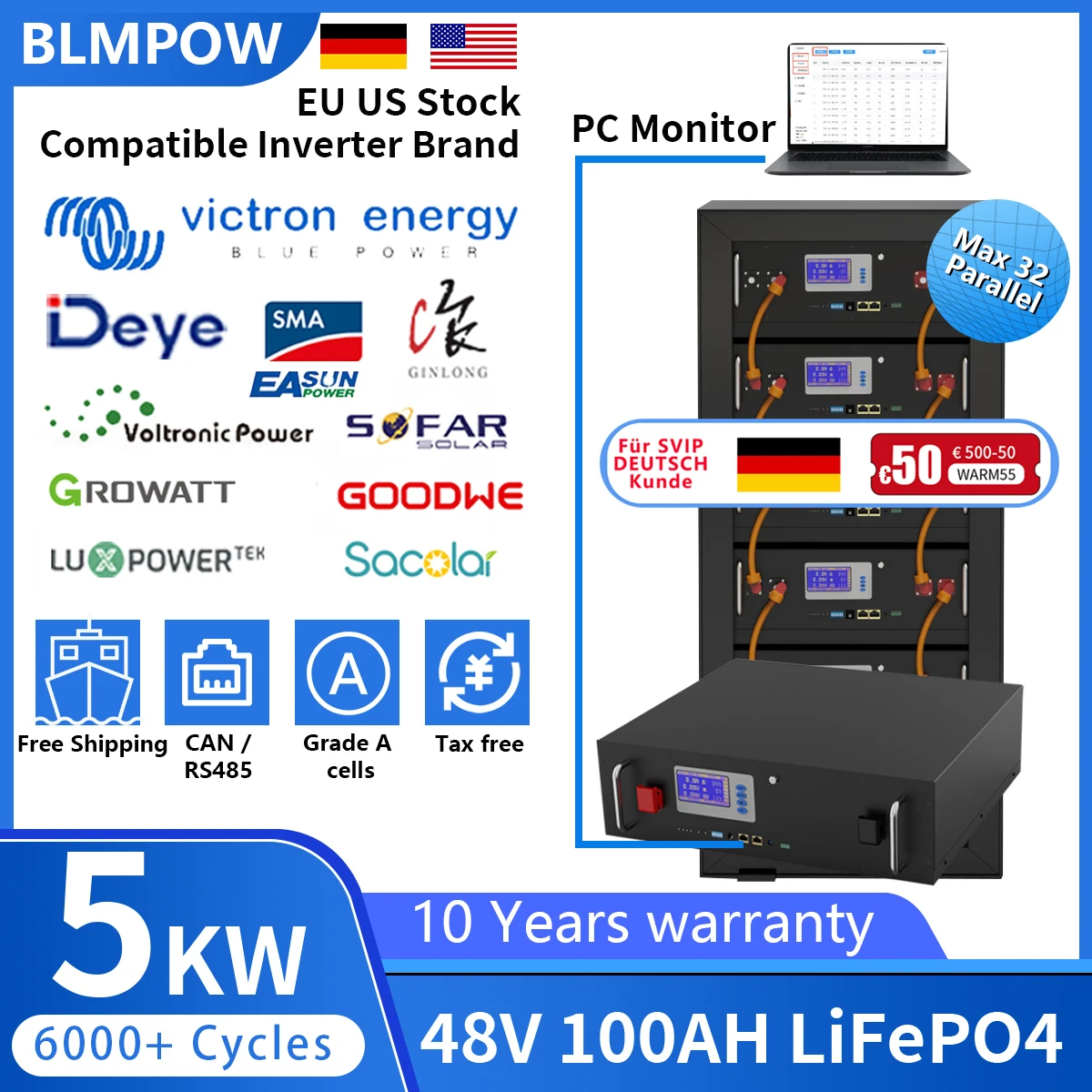 Ceny 48V 100Ah 200Ah LiFePO4 Pack Bateria Litowo-jonowa 108% Pojemność 32 Parellel 5Kw 6000 + Cykl Z CAN/RS485 Dla PV Ue Usa Bez Podatku Kup 48V 100Ah 200Ah LiFePO4 Pack Bateria Litowo-jonowa 108% Pojemność 32 Parellel 5Kw 6000 + Cykl Z CAN/RS485 Dla PV Ue Usa Bez Podatku