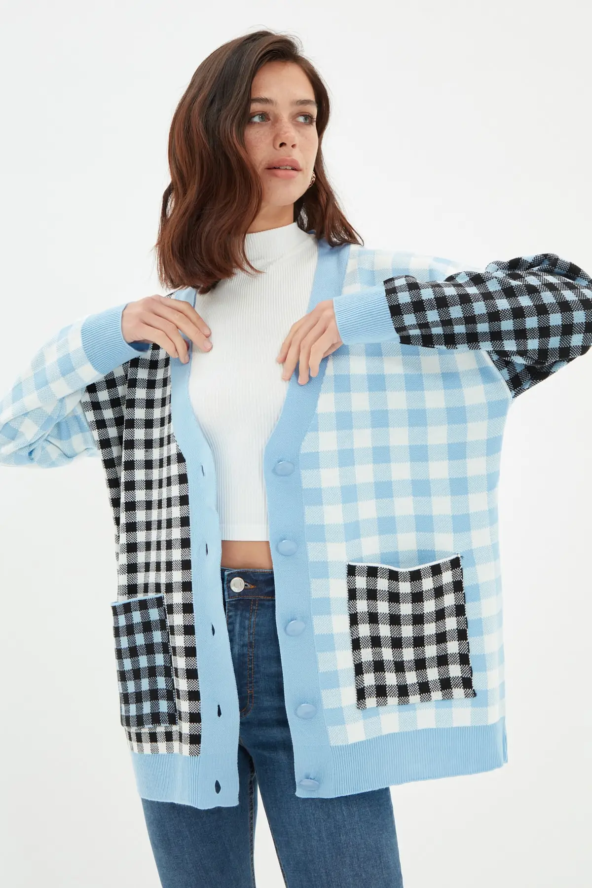 

Light Blue Square Jacquard Oversize Knitwear Cardigan Christmas gift