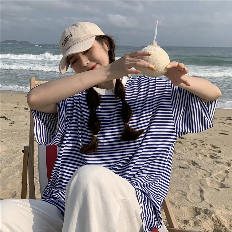 Женская футболка в полоску корейского стиля свободная одежда с коротким рукавом