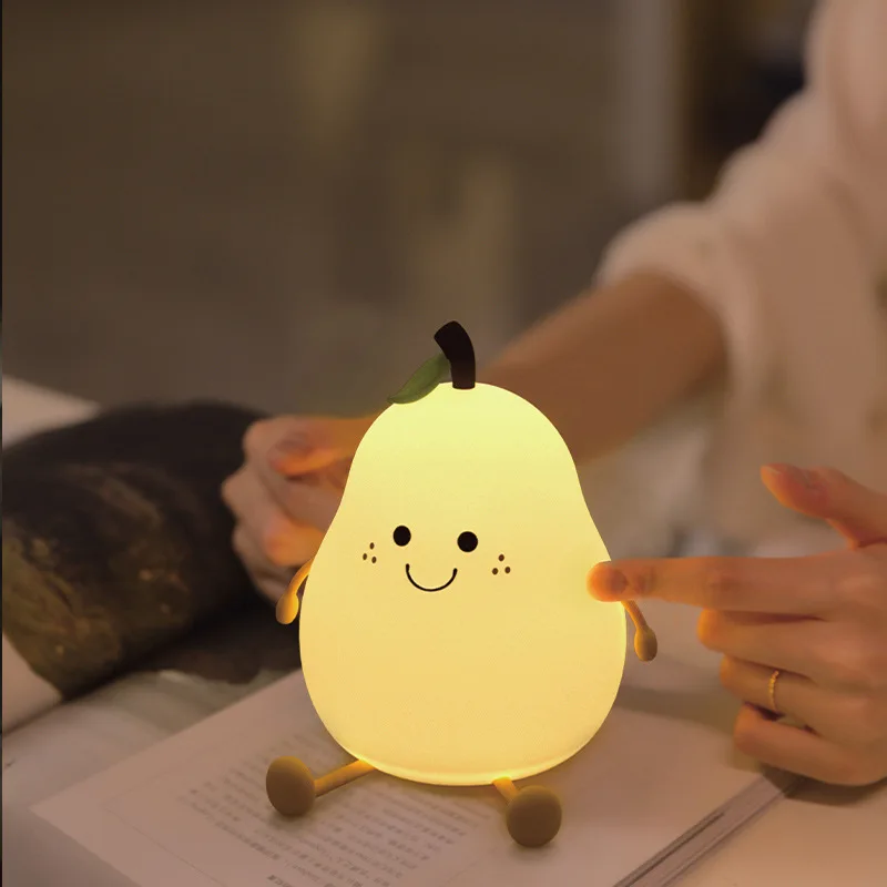 

Cute Rechargeable LED Pear Night Light Dimmable 7 Color Silicone Pat Table Lamp Children Kids Gift Baby Bedroom Bedside Nursery