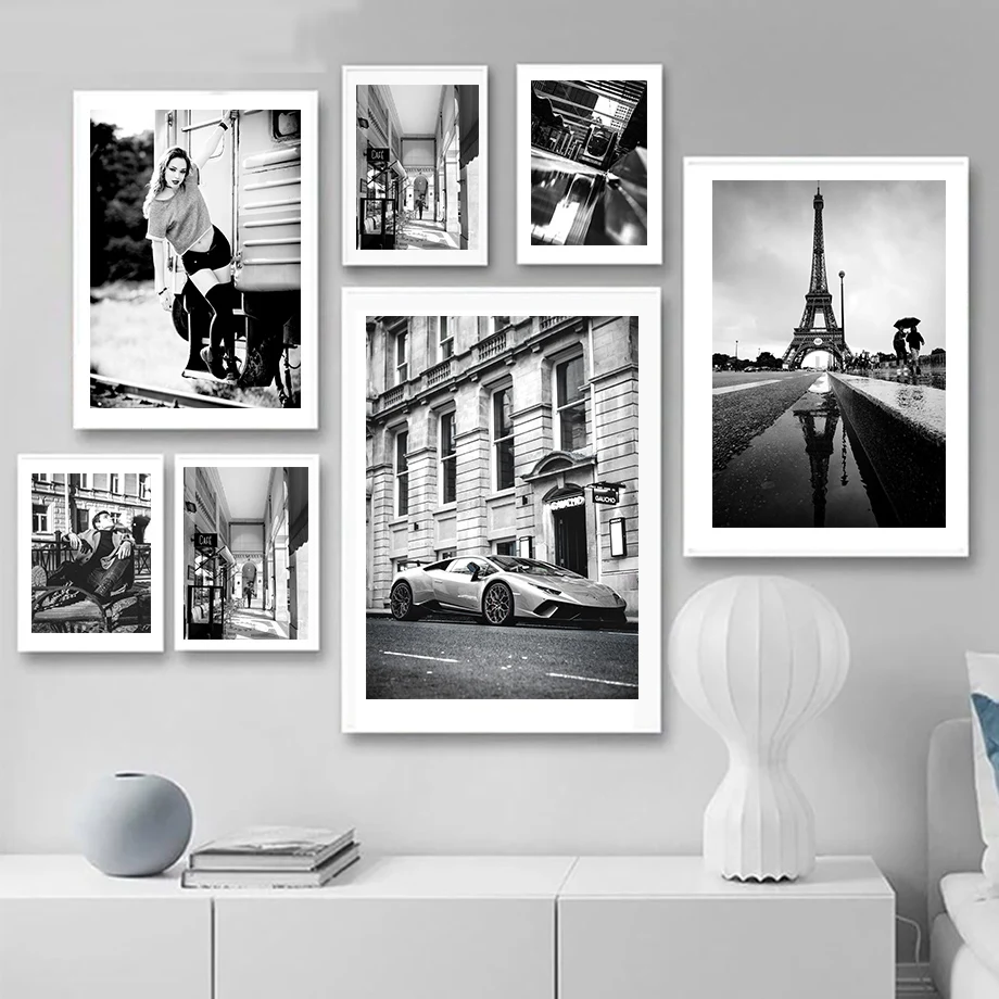 

Black White Fashion Paris Girl Car Street Wall Art Canvas Painting Nordic Posters And Prints Wall Pictures For Living Room Decor