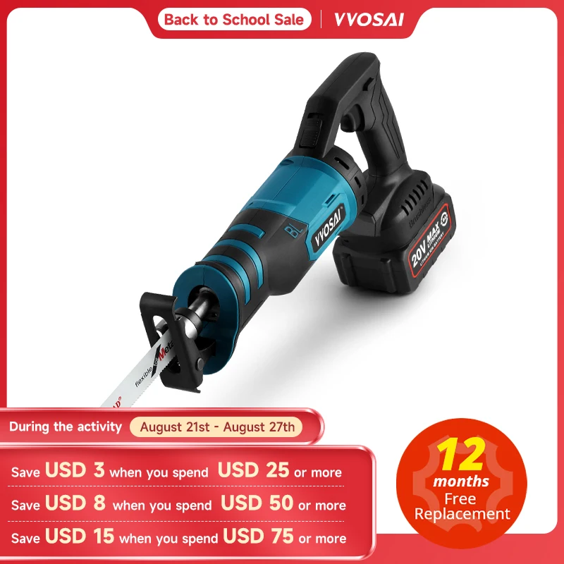 VVOSAI 20V Electric Reciprocating Saw Adjustable Three Orientations Modes Cutting Brushless Saw Portable Cordless Power Tools