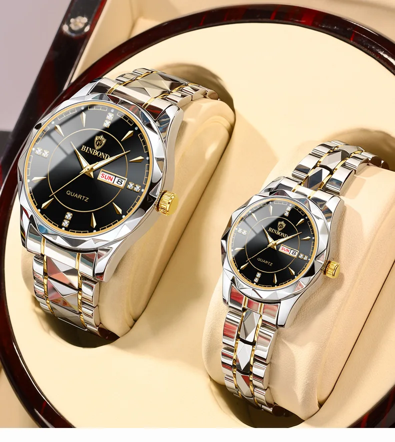 

Original Binbond B5552 Business Gold Couple Watch For Men Women Waterproof Stainless Steel Wristwatches Relogio Masculino Free