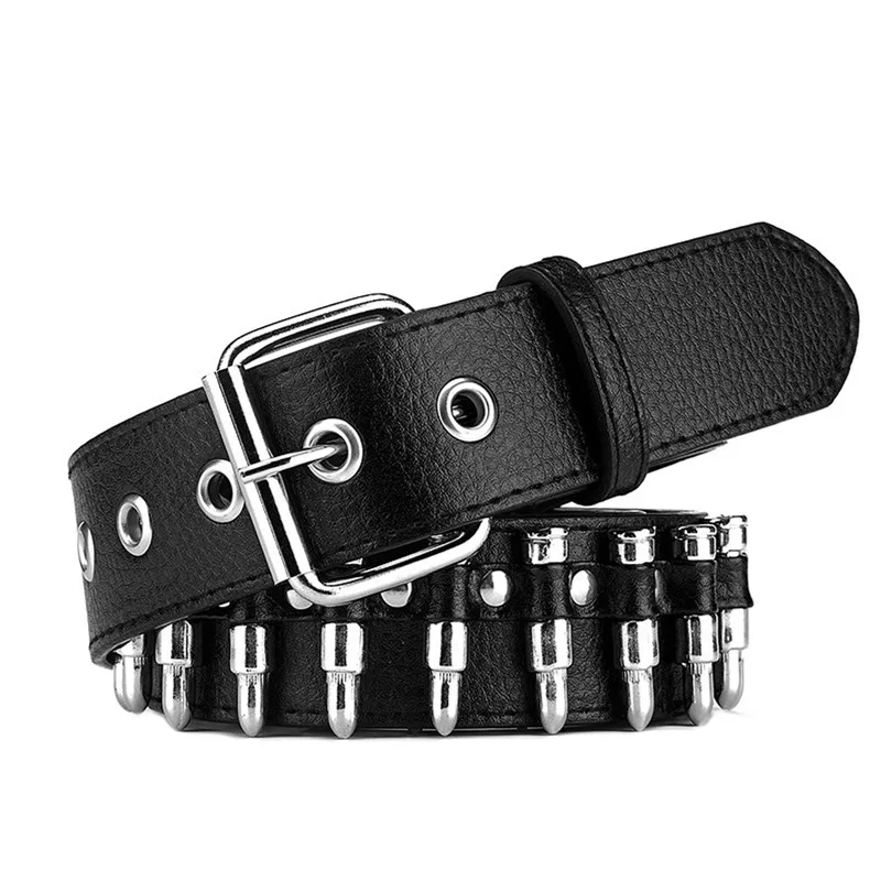 Women Men Waist Belt Punk Bullets Rivet Studded Imitation Leather Belt, Hip Hop Rivet Belt for Jeans Black