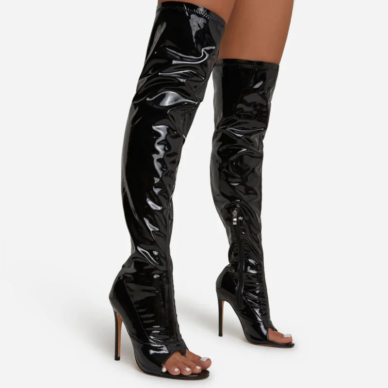 

2022 Patent Leather Over The Knee Boots Fashion Flip Flops Shoes For Women Sexy High Heels Peep Toe Long Boots Lady Shoes