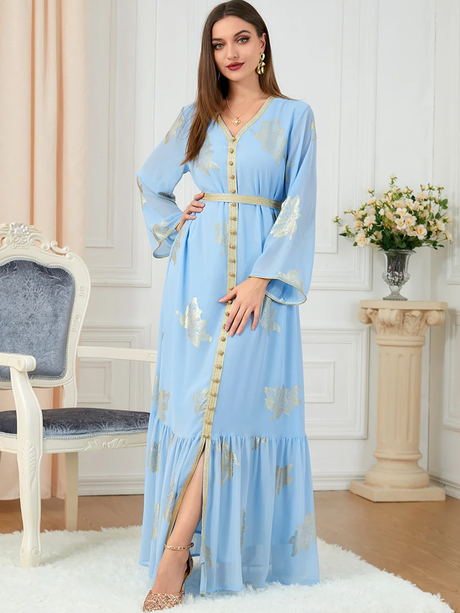 Party Dresses Abayas For Women Dubai Printed Long Sleeve V-Neck Button Tape Trim Belted Gold StampKaftan Split Hem Clothes