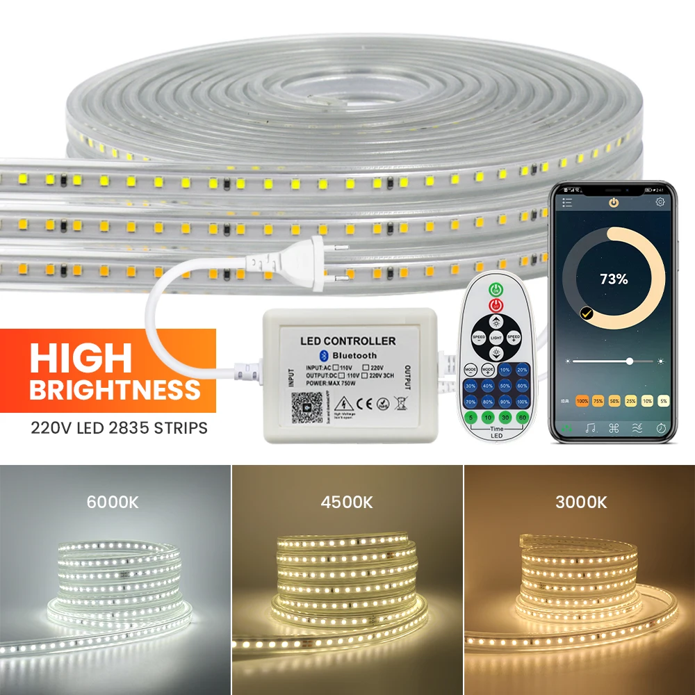 

Phone Bluetooth Dimmable LED Strip Light 220V 110V Waterproof 2835 120LEDs/m Flexible LED Light with 23Key Dimmer Remote Control