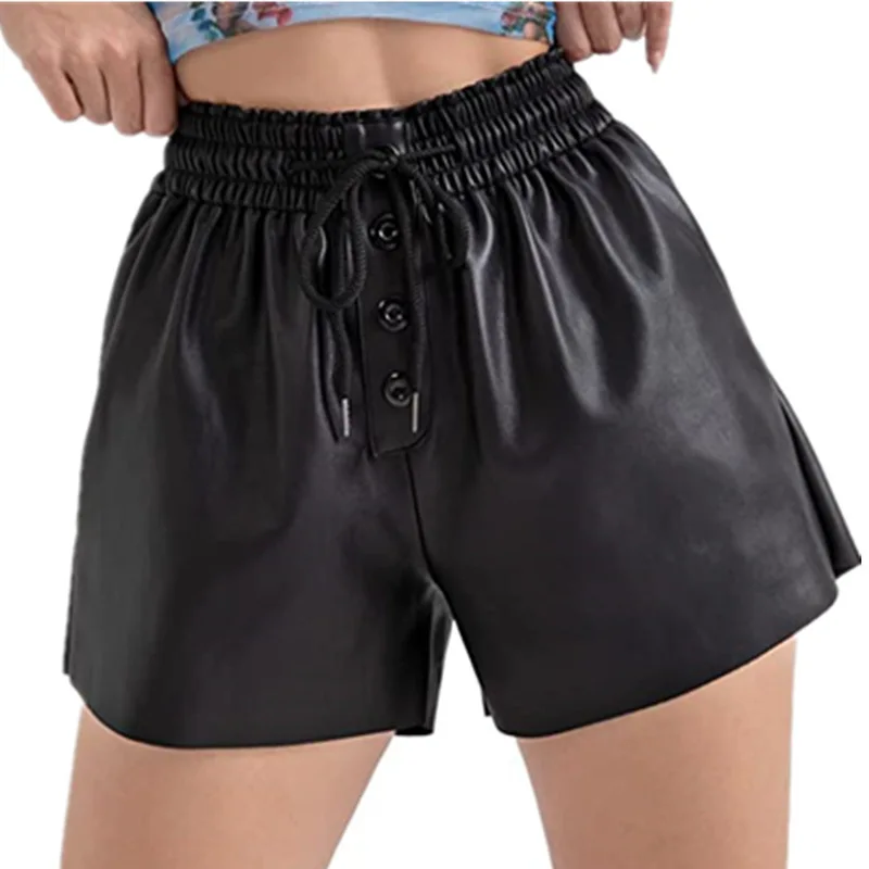 

New Lace Up Button Women's Shorts Casual Loose Drawstring Four Seasons Wear PU Elastic Shorts Black Khaki Faux Leather Shorts