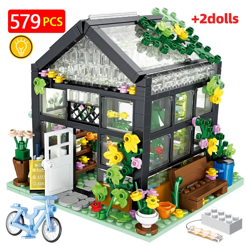 

City Street View Creative Coffee Shop House Flower Shop Building Block Architecture Bricks with LED Light Sets toys for Girls