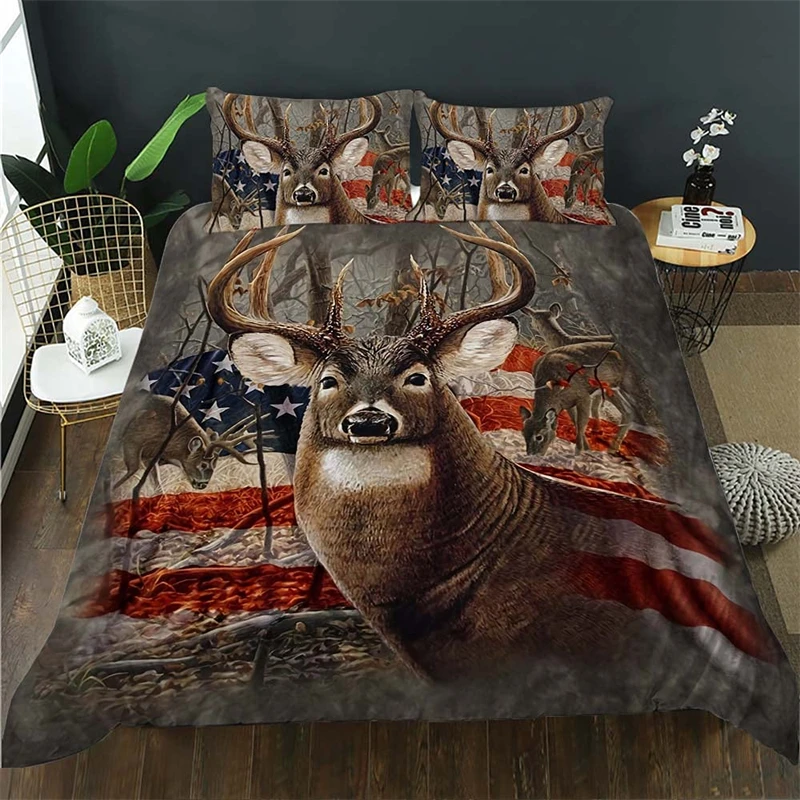 

Deer Hunting,Hunter Bedding Set Queen American Flag Bedding,Hunting Themed Duvet Cover Queen Size for Husband Boys Room Decor