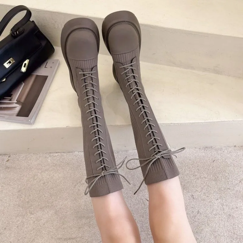 

Ladies Boots with Laces Footwear Middle Heel Lace-up Shoes for Women Elastic Sock Round Toe on Promotion Hot Spring Autumn Boot