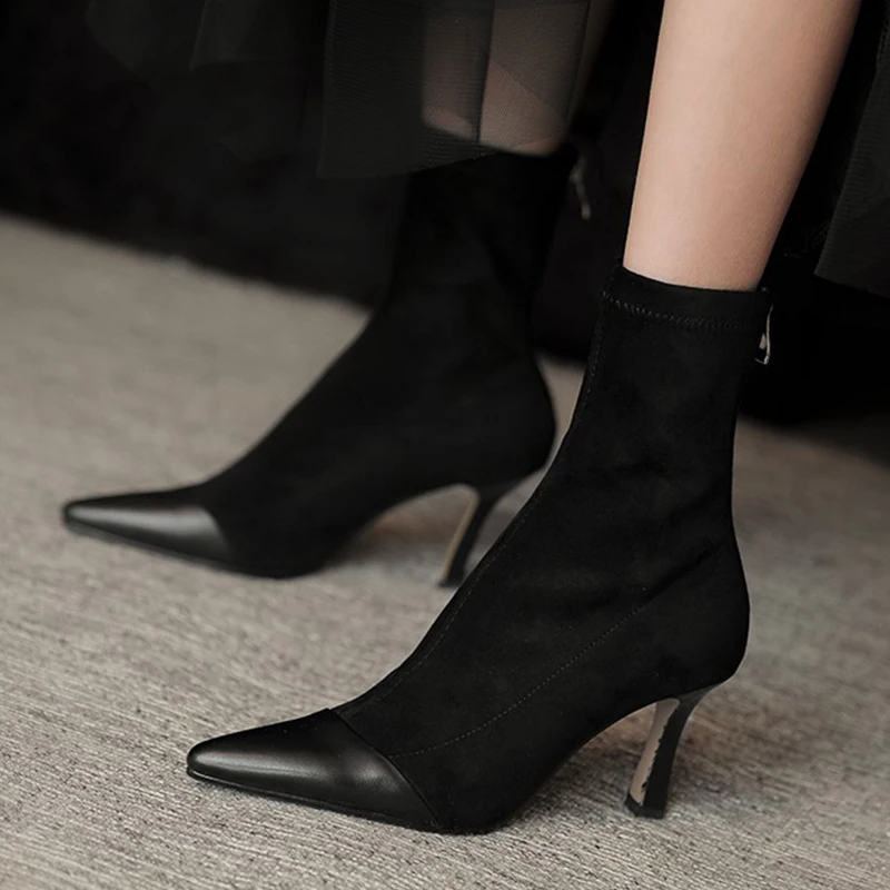 

Suede Ankle High Heels Boots Chelsea Women Shoes 2022 Winter New Short Plush Warm Snow Boots Party Pumps Pointed Toe Stilettos