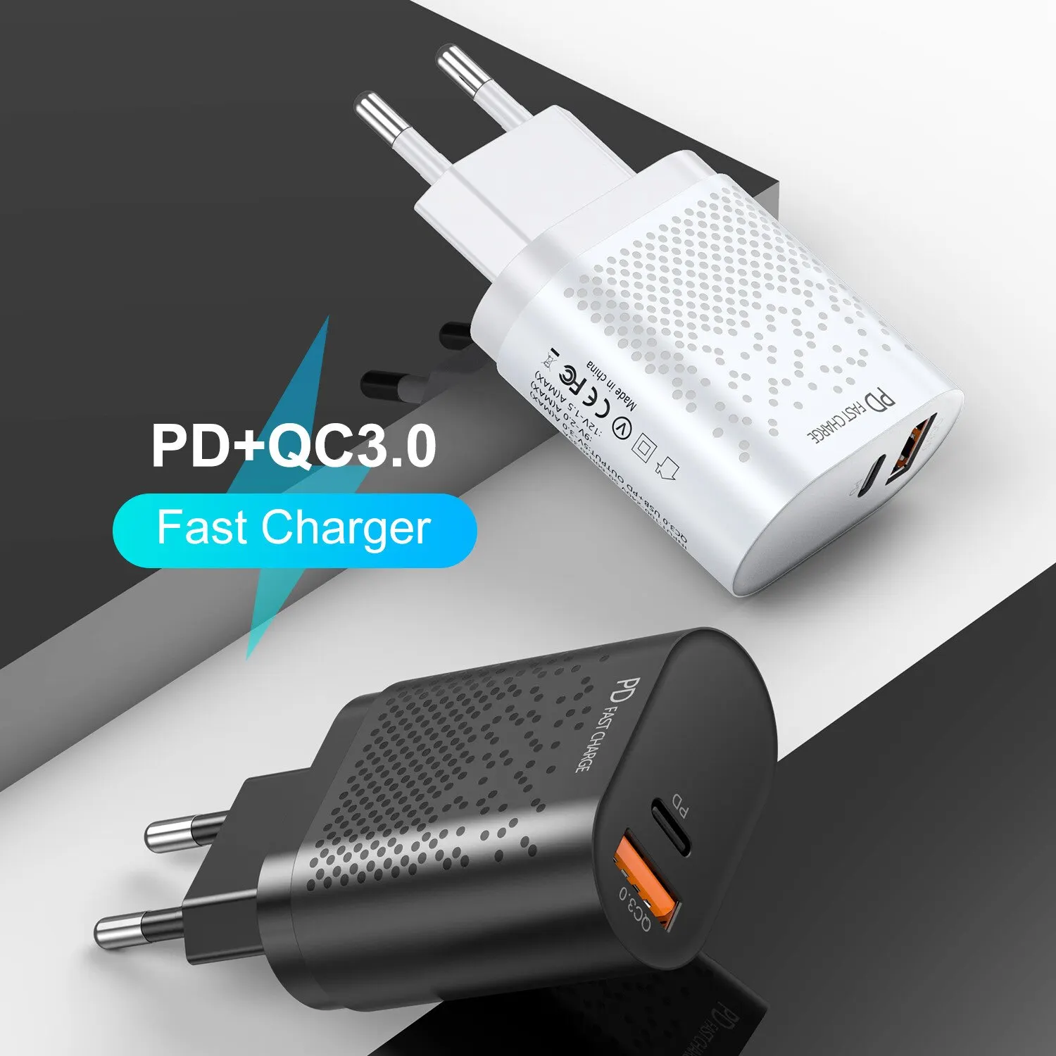 

EOENKK Qc3.0 Fast Charge PD Charger 18W for Apple Android USB-A + Type-c Dual Port US Standard Charging Plug