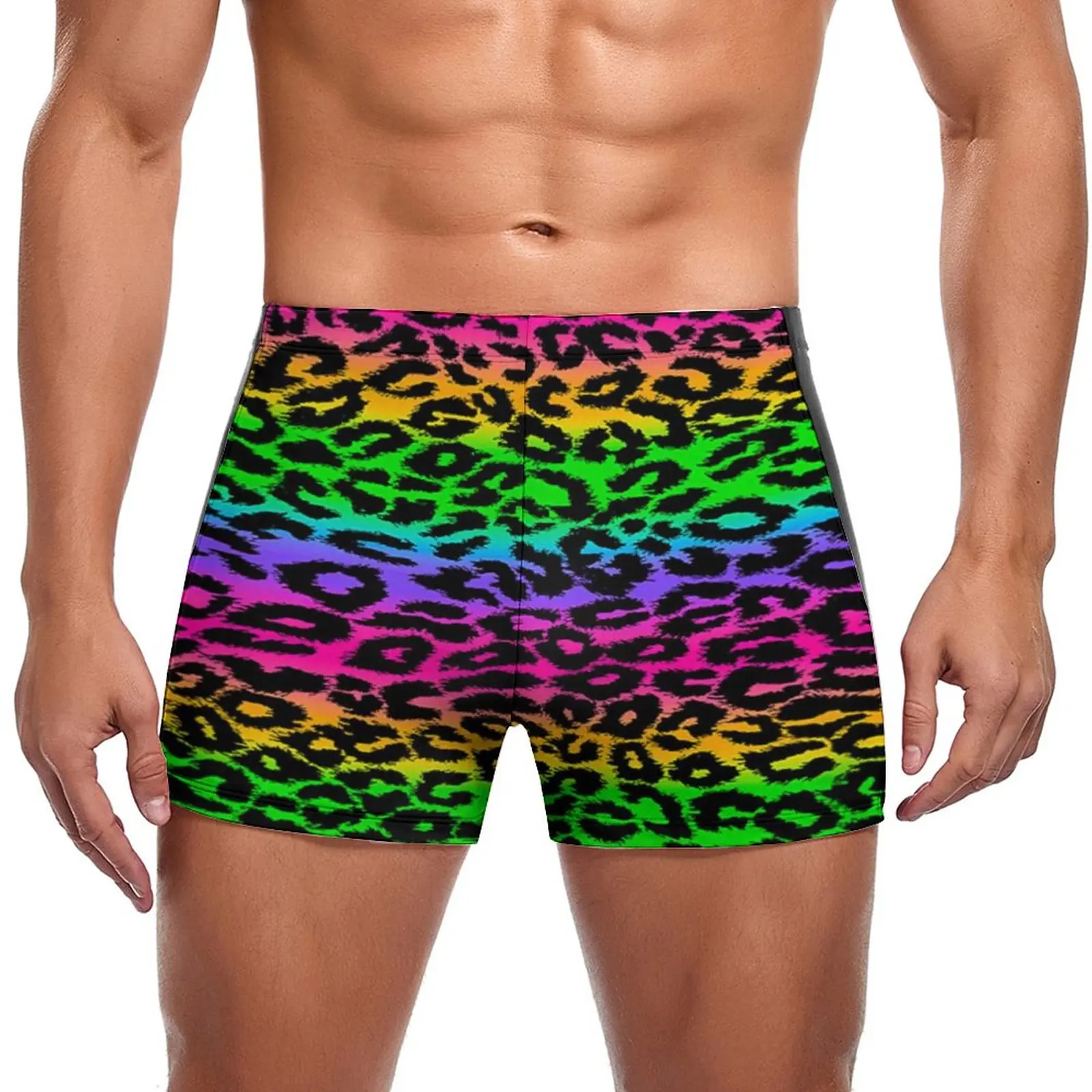 

Retro 80S Swimming Trunks Leopard Rainbow Print Custom Elastic Swim Boxers Pool Large Size Men Swimsuit